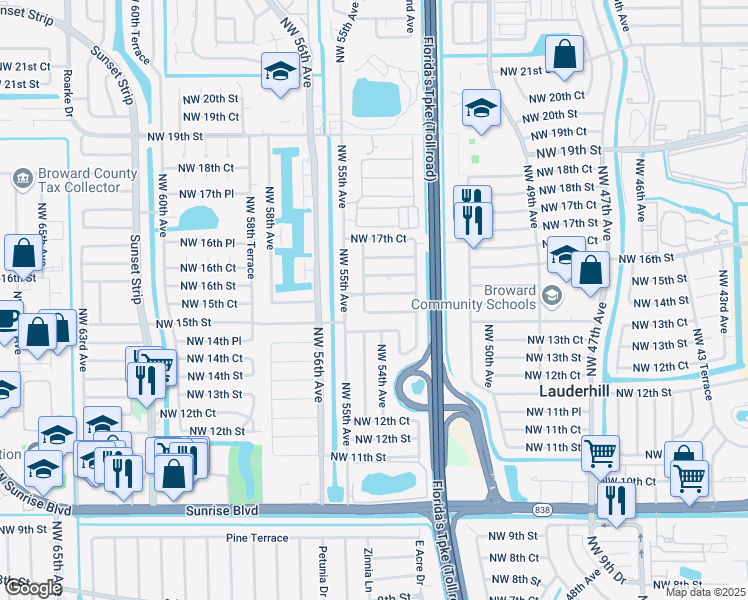 map of restaurants, bars, coffee shops, grocery stores, and more near 5325 Northwest 15th Court in Lauderhill