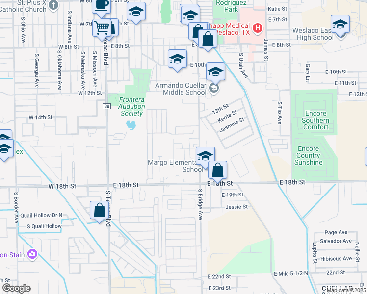 map of restaurants, bars, coffee shops, grocery stores, and more near 1522 South Bridge Avenue in Weslaco