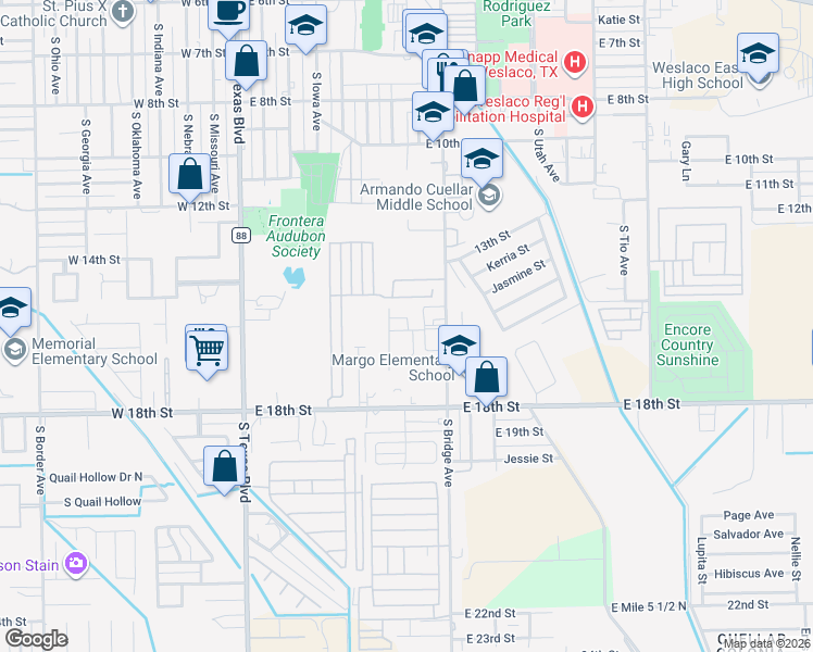 map of restaurants, bars, coffee shops, grocery stores, and more near 1601 South Oregon Avenue in Weslaco