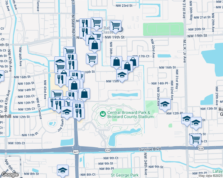 map of restaurants, bars, coffee shops, grocery stores, and more near 3602 Northwest 14th Court in Lauderhill