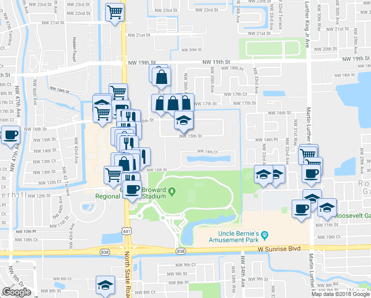 map of restaurants, bars, coffee shops, grocery stores, and more near 3602 Northwest 14th Court in Lauderhill