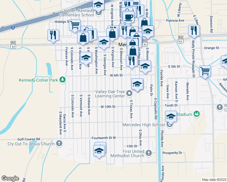 map of restaurants, bars, coffee shops, grocery stores, and more near 598 West 8th Street in Mercedes