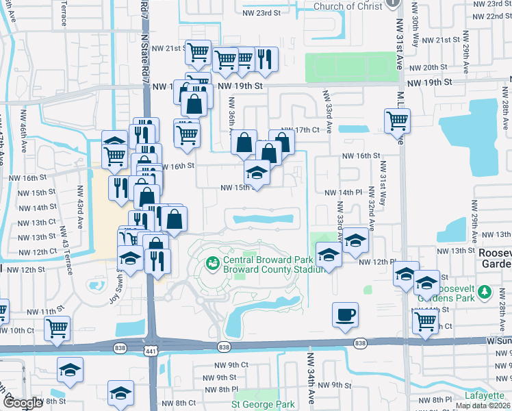 map of restaurants, bars, coffee shops, grocery stores, and more near 3524 Northwest 14th Court in Lauderhill
