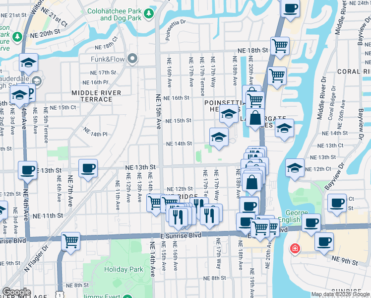map of restaurants, bars, coffee shops, grocery stores, and more near 1326 Northeast 16th Terrace in Fort Lauderdale