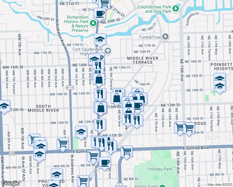 map of restaurants, bars, coffee shops, grocery stores, and more near 1329 Northeast 7th Avenue in Fort Lauderdale