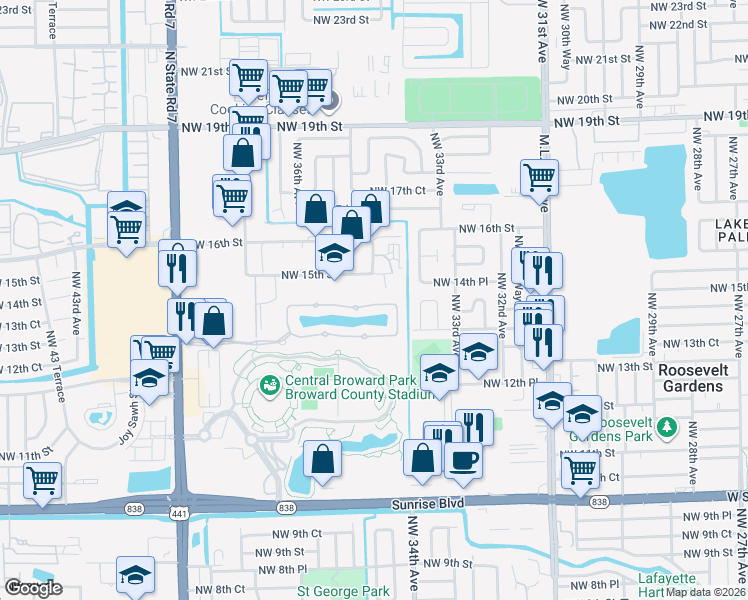 map of restaurants, bars, coffee shops, grocery stores, and more near 3450 Northwest 14th Court in Lauderhill