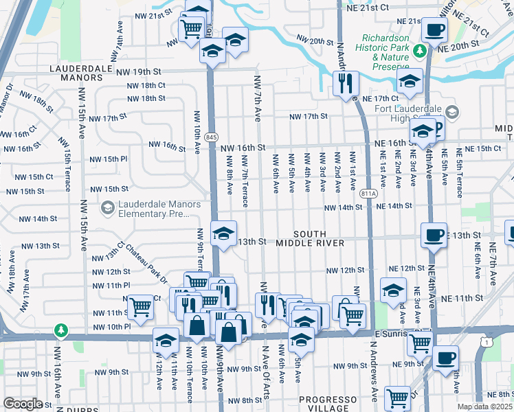 map of restaurants, bars, coffee shops, grocery stores, and more near 1340 Northwest 7th Avenue in Fort Lauderdale