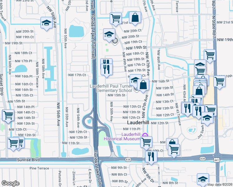 map of restaurants, bars, coffee shops, grocery stores, and more near 5000 Northwest 15th Street in Lauderhill