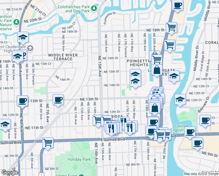 map of restaurants, bars, coffee shops, grocery stores, and more near 1326 Northeast 16th Terrace in Fort Lauderdale