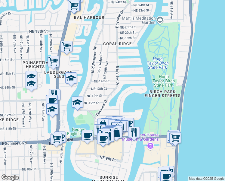 map of restaurants, bars, coffee shops, grocery stores, and more near 1312 Bayview Drive in Fort Lauderdale