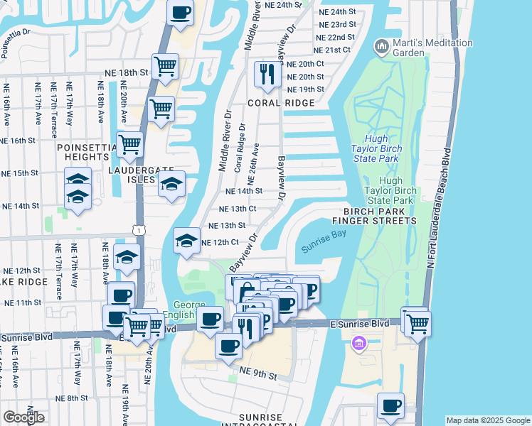 map of restaurants, bars, coffee shops, grocery stores, and more near 1312 Bayview Drive in Fort Lauderdale