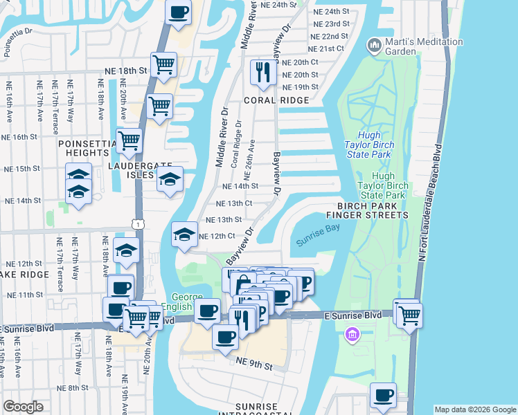 map of restaurants, bars, coffee shops, grocery stores, and more near 1312 Bayview Drive in Fort Lauderdale