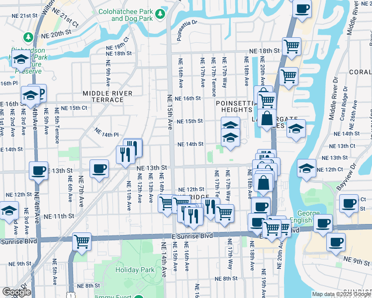 map of restaurants, bars, coffee shops, grocery stores, and more near 1326 Northeast 16th Terrace in Fort Lauderdale