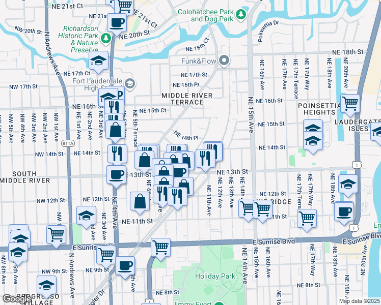 map of restaurants, bars, coffee shops, grocery stores, and more near 1331 Holly Heights Drive in Fort Lauderdale