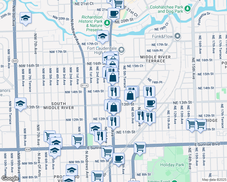 map of restaurants, bars, coffee shops, grocery stores, and more near 1336 Northeast 4th Avenue in Fort Lauderdale
