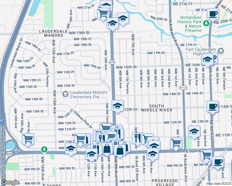 map of restaurants, bars, coffee shops, grocery stores, and more near 1340 Northwest 9th Avenue in Fort Lauderdale