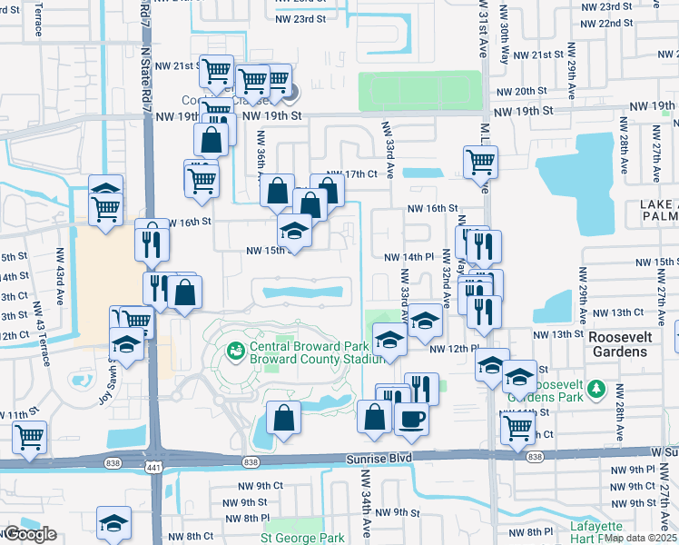 map of restaurants, bars, coffee shops, grocery stores, and more near 3450 Northwest 14th Court in Lauderhill