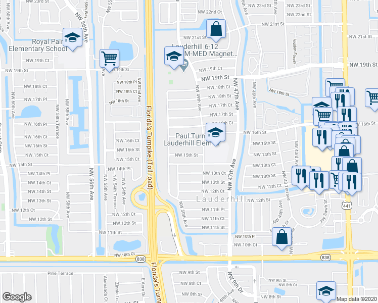 map of restaurants, bars, coffee shops, grocery stores, and more near 4920 Northwest 15th Street in Lauderhill