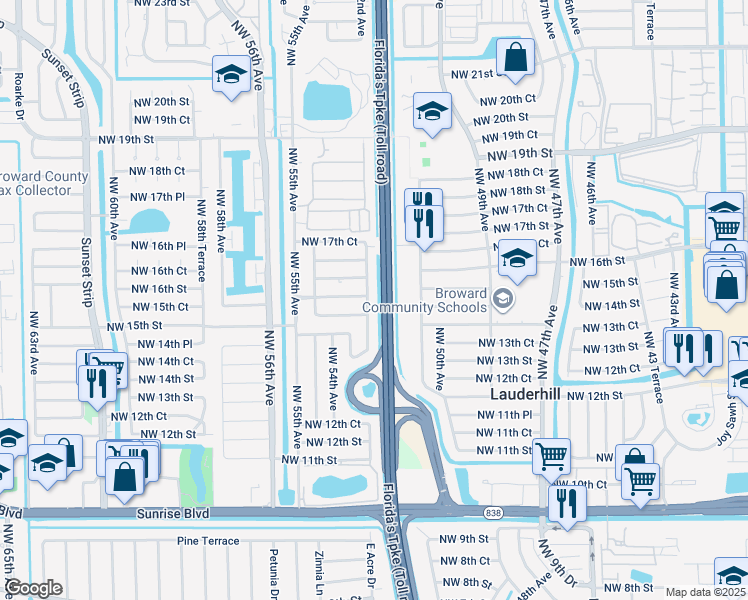 map of restaurants, bars, coffee shops, grocery stores, and more near 1514 Northwest 52nd Avenue in Lauderhill
