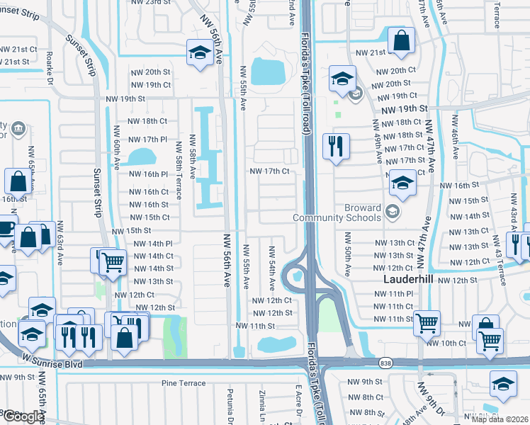 map of restaurants, bars, coffee shops, grocery stores, and more near 5325 Northwest 15th Court in Lauderhill