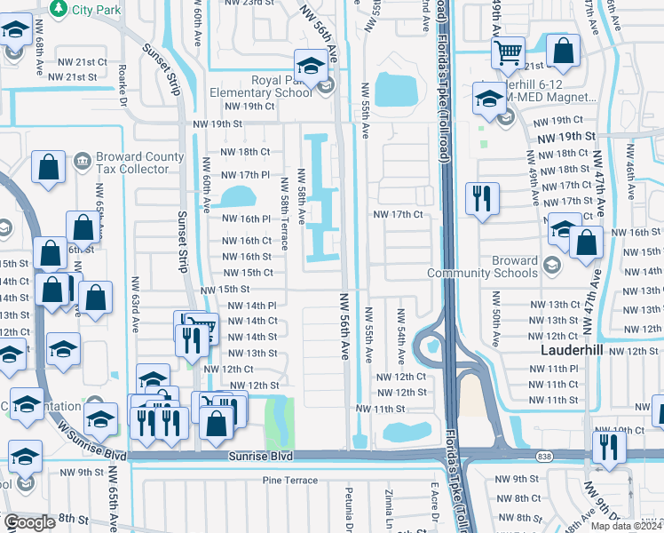 map of restaurants, bars, coffee shops, grocery stores, and more near 5600 Northwest 16th Street in Lauderhill