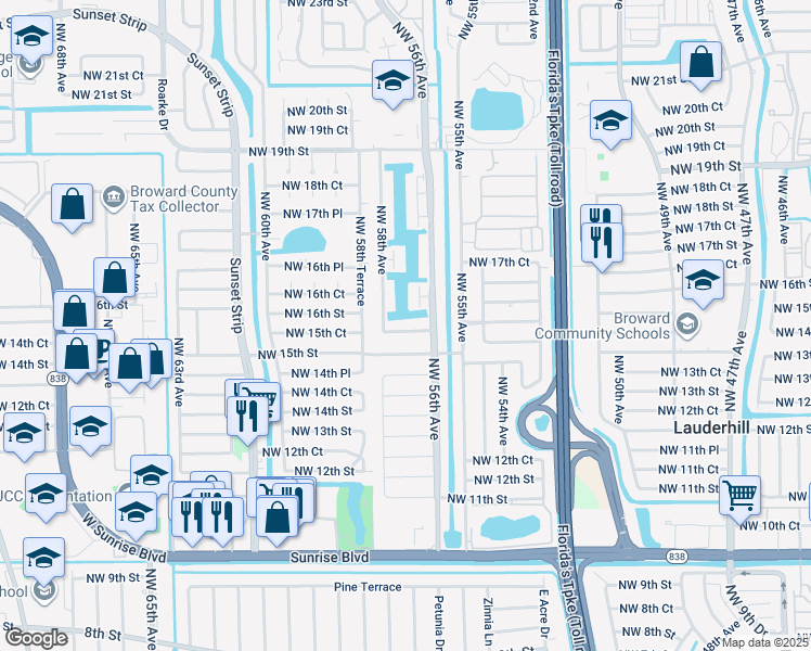 map of restaurants, bars, coffee shops, grocery stores, and more near 5716 Northwest 16th Street in Lauderhill