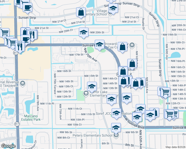 map of restaurants, bars, coffee shops, grocery stores, and more near 1430 Northwest 71st Avenue in Plantation
