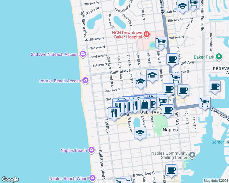 map of restaurants, bars, coffee shops, grocery stores, and more near 260 3rd Street South in Naples
