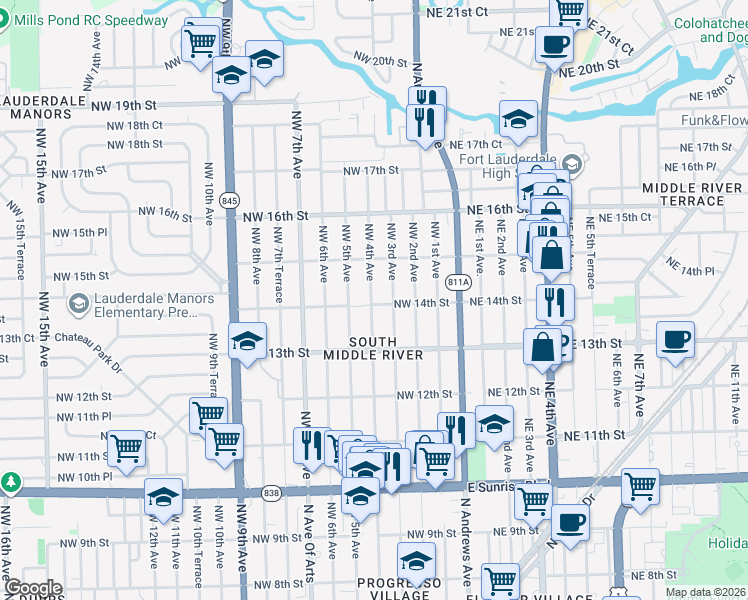 map of restaurants, bars, coffee shops, grocery stores, and more near 1404 Northwest 4th Avenue in Fort Lauderdale