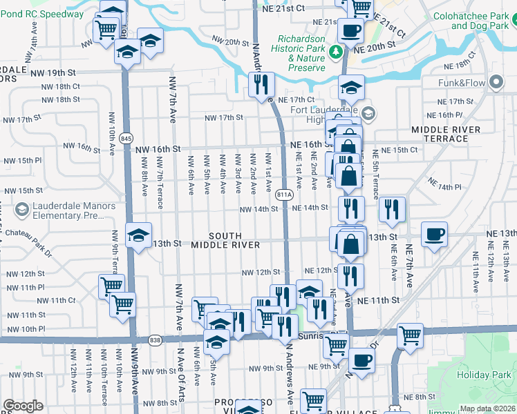 map of restaurants, bars, coffee shops, grocery stores, and more near 1337 Northwest 2nd Avenue in Fort Lauderdale