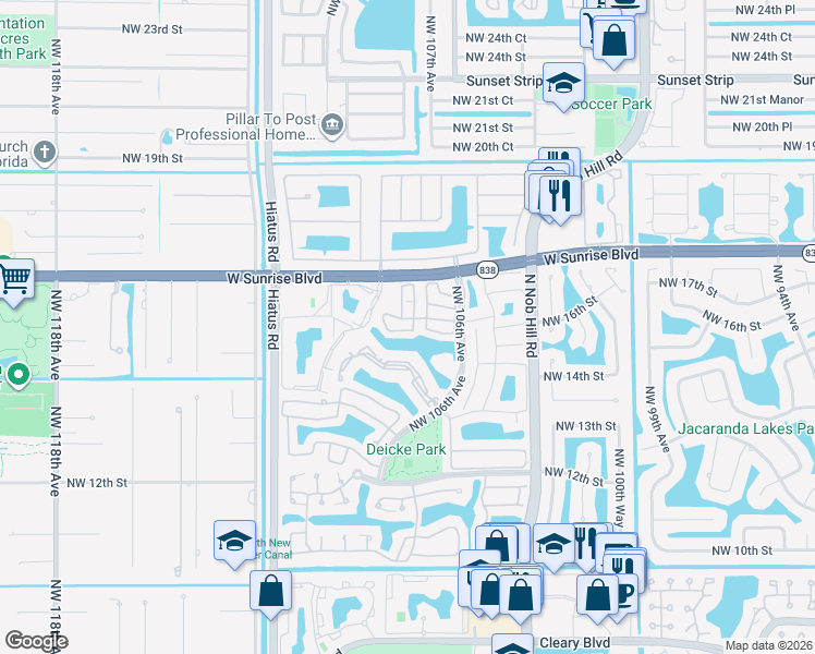 map of restaurants, bars, coffee shops, grocery stores, and more near 10740 Northwest 16th Court in Plantation