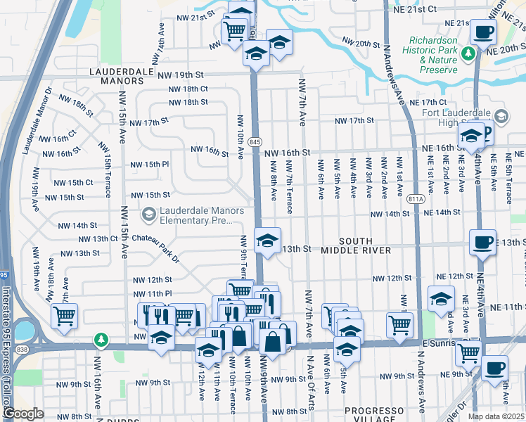 map of restaurants, bars, coffee shops, grocery stores, and more near 1340 Northwest 9th Avenue in Fort Lauderdale