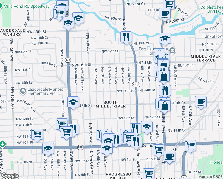 map of restaurants, bars, coffee shops, grocery stores, and more near 1340 Northwest 4th Avenue in Fort Lauderdale