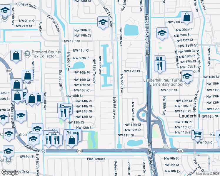 map of restaurants, bars, coffee shops, grocery stores, and more near 5600 Northwest 16th Street in Lauderhill