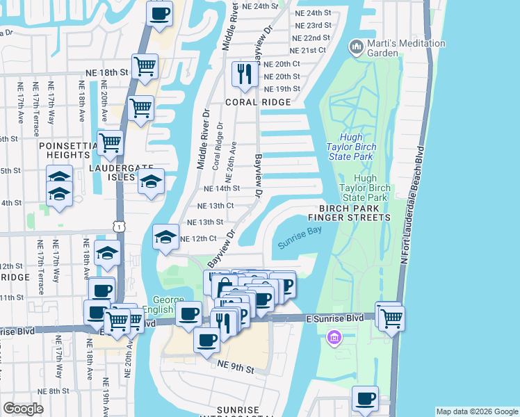 map of restaurants, bars, coffee shops, grocery stores, and more near 1332 Bayview Drive in Fort Lauderdale
