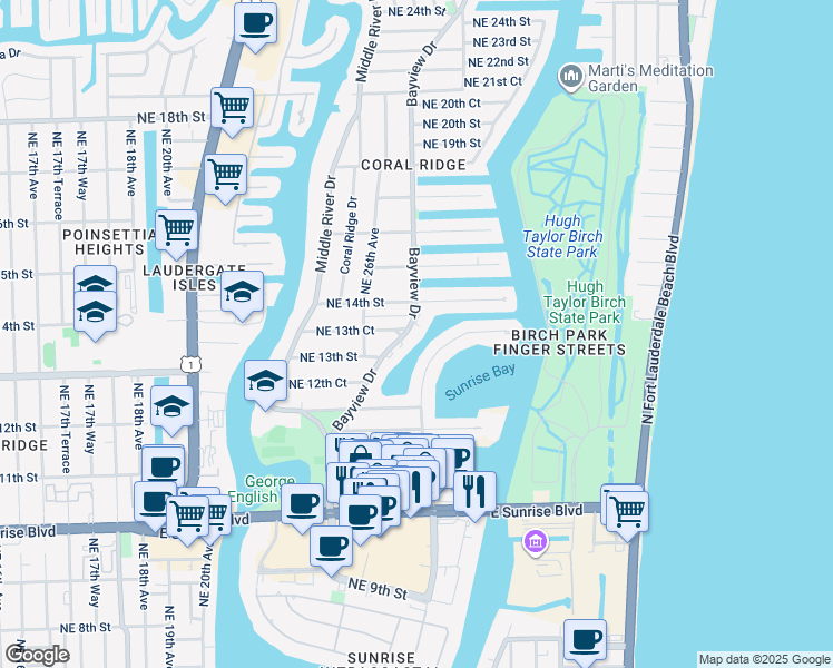 map of restaurants, bars, coffee shops, grocery stores, and more near 1312 Bayview Drive in Fort Lauderdale