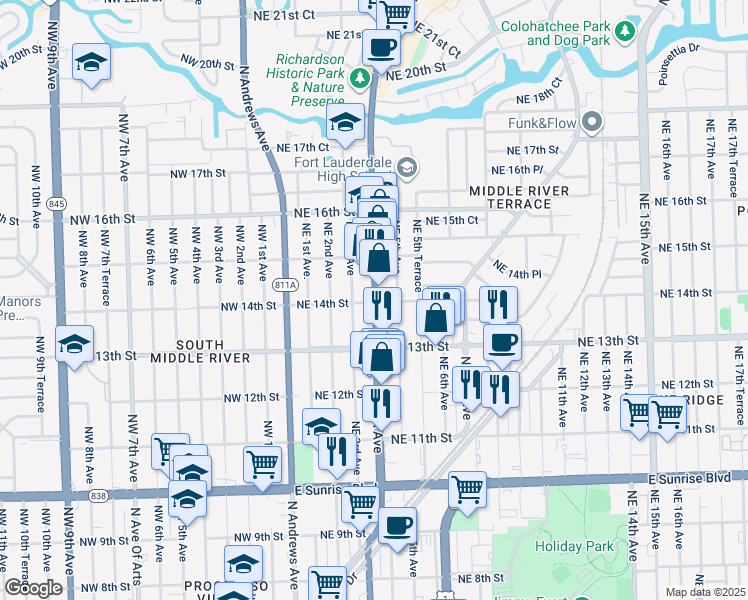 map of restaurants, bars, coffee shops, grocery stores, and more near 1336 Northeast 4th Avenue in Fort Lauderdale