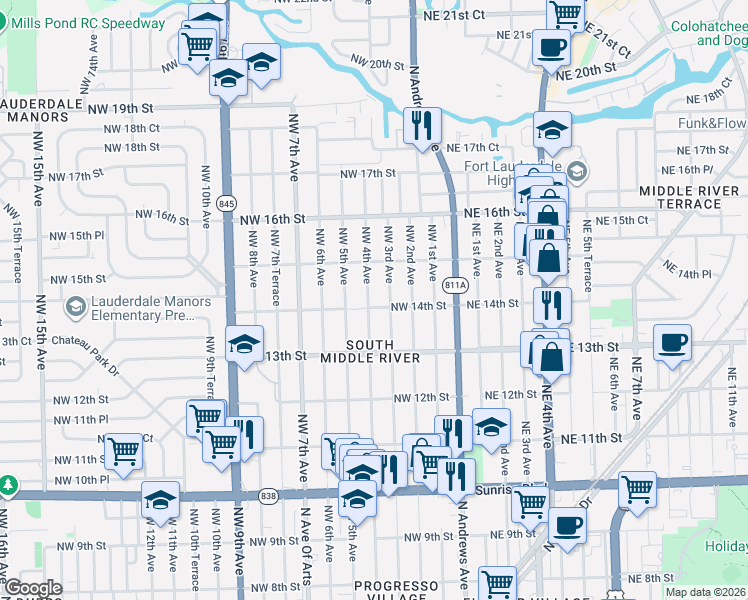 map of restaurants, bars, coffee shops, grocery stores, and more near 1340 Northwest 4th Avenue in Fort Lauderdale