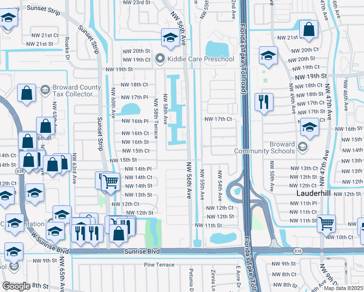 map of restaurants, bars, coffee shops, grocery stores, and more near 5600 Northwest 16th Street in Lauderhill