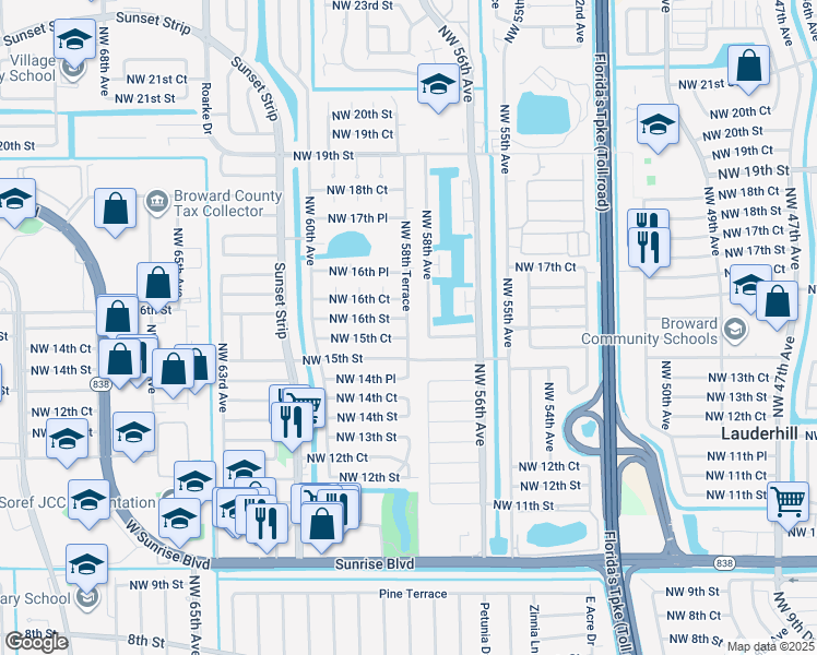 map of restaurants, bars, coffee shops, grocery stores, and more near 5860 Northwest 15th Court in Sunrise