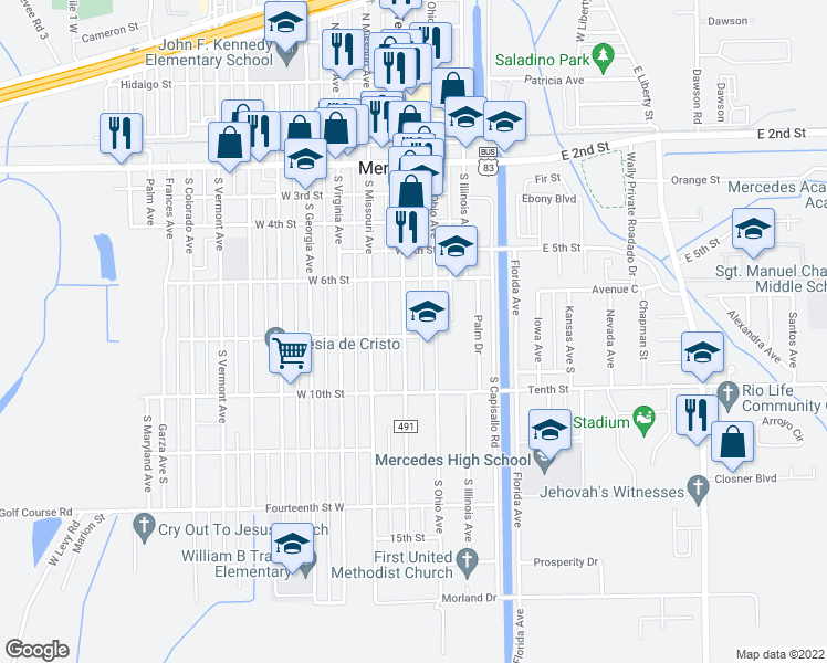 map of restaurants, bars, coffee shops, grocery stores, and more near 750 South Texas Avenue in Mercedes