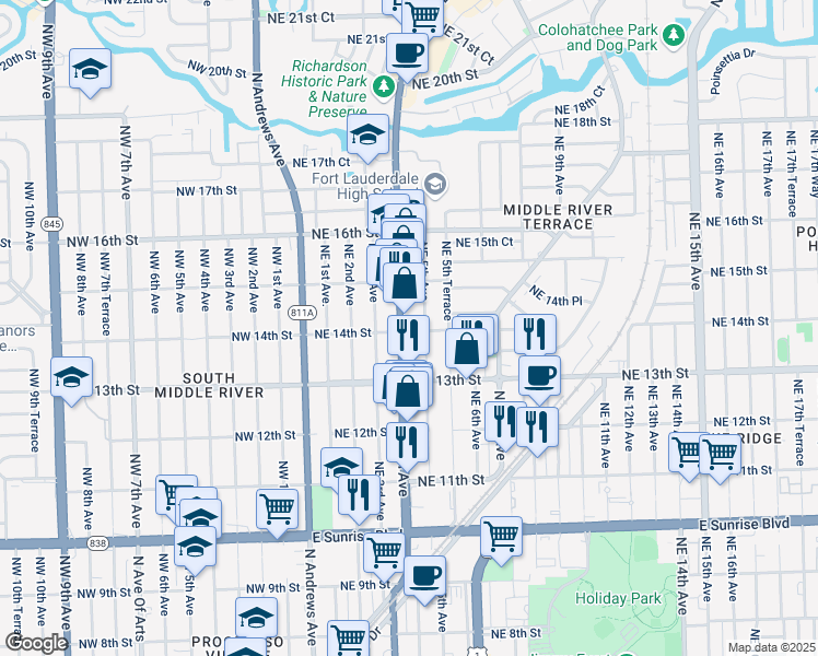 map of restaurants, bars, coffee shops, grocery stores, and more near 1336 Northeast 4th Avenue in Fort Lauderdale