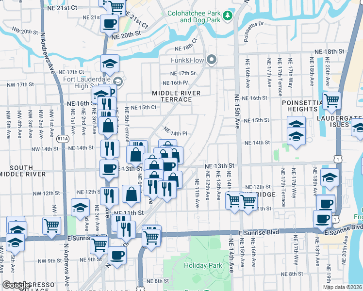map of restaurants, bars, coffee shops, grocery stores, and more near 1331 Holly Heights Drive in Fort Lauderdale