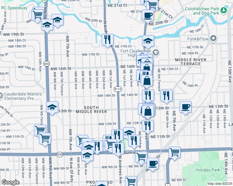 map of restaurants, bars, coffee shops, grocery stores, and more near 1335 North Andrews Avenue in Fort Lauderdale