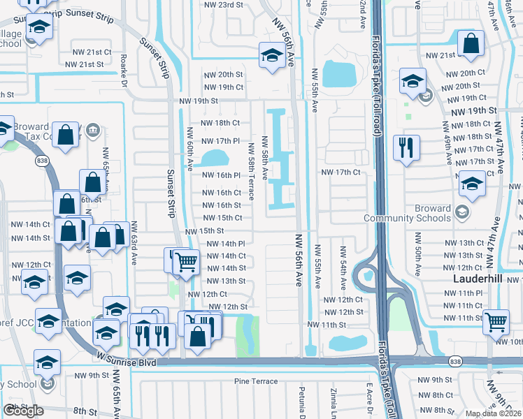 map of restaurants, bars, coffee shops, grocery stores, and more near 5716 Northwest 16th Street in Lauderhill