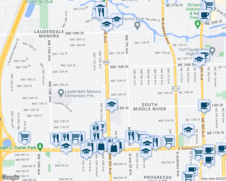 map of restaurants, bars, coffee shops, grocery stores, and more near 1411 Northwest 8th Avenue in Fort Lauderdale