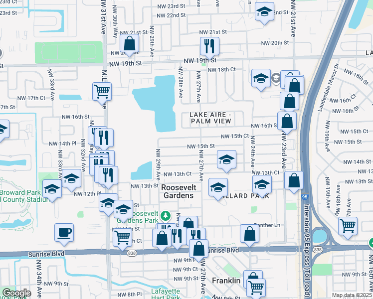 map of restaurants, bars, coffee shops, grocery stores, and more near 2730 Northwest 14th Court in Fort Lauderdale