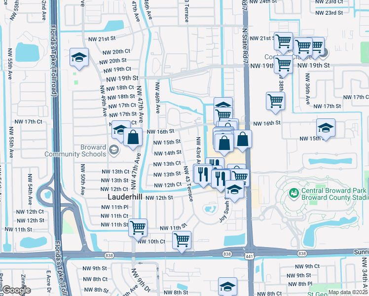 map of restaurants, bars, coffee shops, grocery stores, and more near 1380 Northwest 43 Terrace in Lauderhill