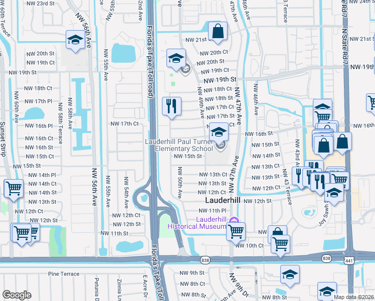 map of restaurants, bars, coffee shops, grocery stores, and more near 5000 Northwest 15th Street in Lauderhill