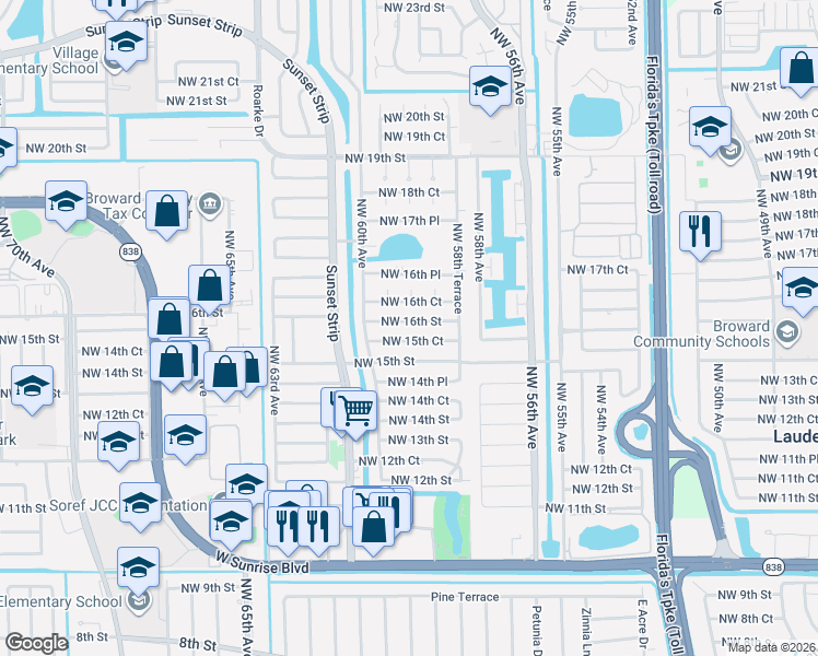 map of restaurants, bars, coffee shops, grocery stores, and more near 5926 Northwest 15th Court in Sunrise